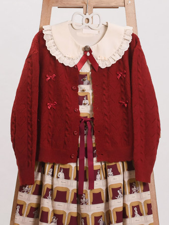 ワインレッド スイートなフリルリボン長袖トップス ライトピンク