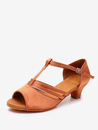 ディープブラウンラテンダンスシューズ ポリエステル ディープアプリコット ラウンドトゥ ダンスシューズ