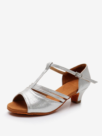 シルバー ラテンダンスシューズ ポリエステル ディープアプリコット ラウンドトゥ ダンスシューズ