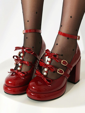 スイートロリータフットウェア ホワイトリボン ラウンドトゥ PUレザー ロリータパンプス