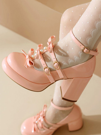 スイートロリータフットウェア ホワイトリボン ラウンドトゥ PUレザー ロリータパンプス