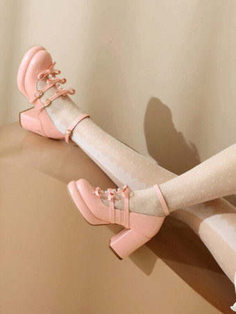 スイートロリータフットウェア ホワイトリボン ラウンドトゥ PUレザー ロリータパンプス