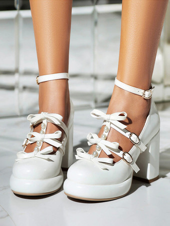ホワイト スイートロリータフットウェア ホワイトリボン ラウンドトゥ PUレザー ロリータパンプス