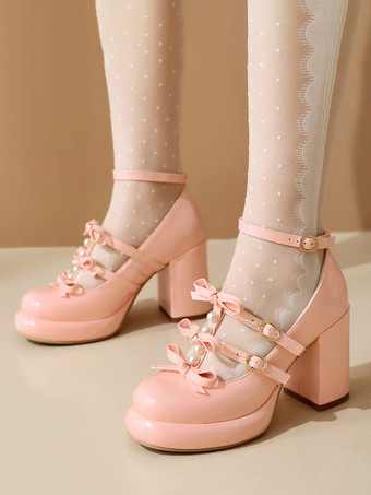 ピンクスイートロリータフットウェア ホワイトリボン ラウンドトゥ PUレザー ロリータパンプス