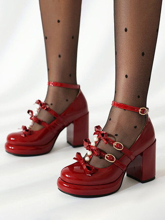 レッド スイートロリータフットウェア ホワイトリボン ラウンドトゥ PUレザー ロリータパンプス
