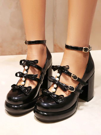 ブラック スイートロリータフットウェア ホワイトリボン ラウンドトゥ PUレザー ロリータパンプス