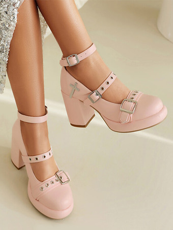 スイートロリータフットウェア ピンク PUレザー チャンキーヒール ロリータシューズ