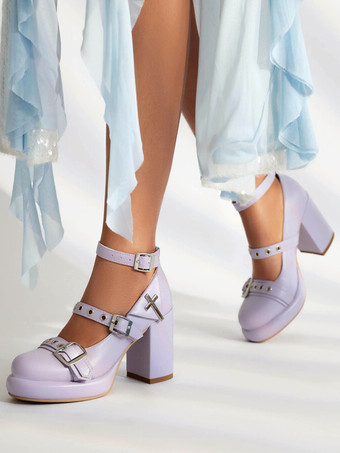 ラベンダーカラースイートロリータフットウェア ピンク PUレザー チャンキーヒール ロリータシューズ