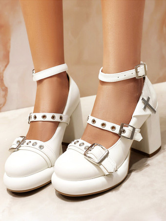 ホワイト スイートロリータフットウェア ピンク PUレザー チャンキーヒール ロリータシューズ