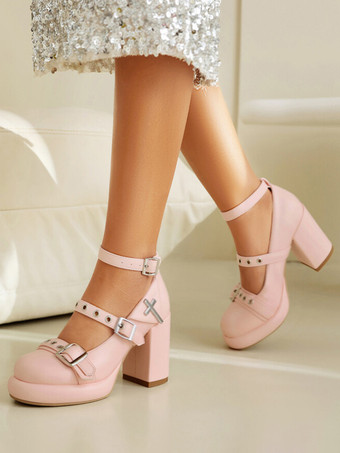 ピンクスイートロリータフットウェア ピンク PUレザー チャンキーヒール ロリータシューズ