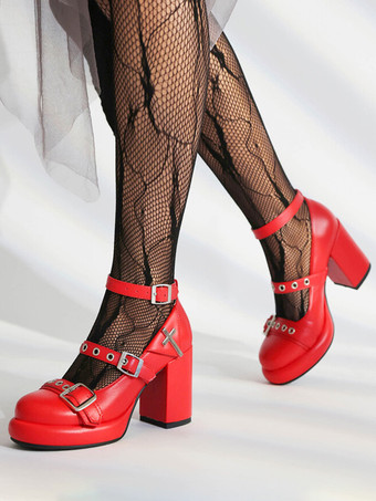 レッド スイートロリータフットウェア ピンク PUレザー チャンキーヒール ロリータシューズ