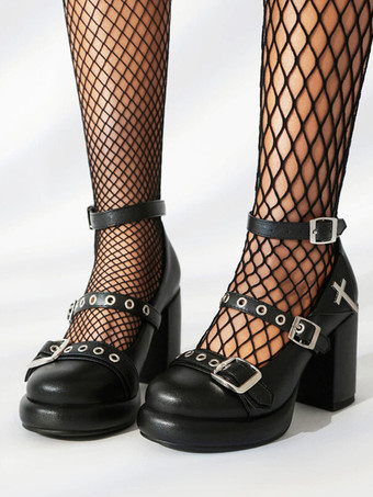 ブラック スイートロリータフットウェア ピンク PUレザー チャンキーヒール ロリータシューズ