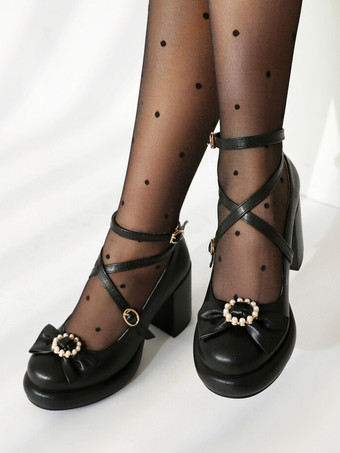 スイートロリータフットウェア ピンクリボン PUレザー チャンキーヒール ロリータシューズ