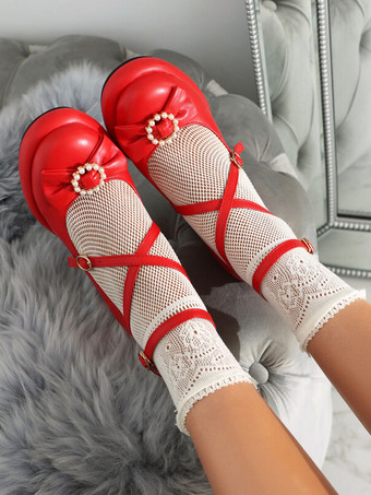 スイートロリータフットウェア ピンクリボン PUレザー チャンキーヒール ロリータシューズ