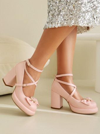 スイートロリータフットウェア ピンクリボン PUレザー チャンキーヒール ロリータシューズ