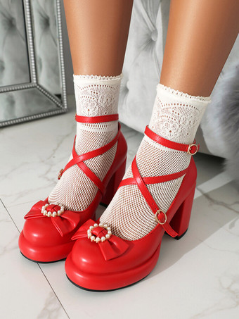 レッド スイートロリータフットウェア ピンクリボン PUレザー チャンキーヒール ロリータシューズ