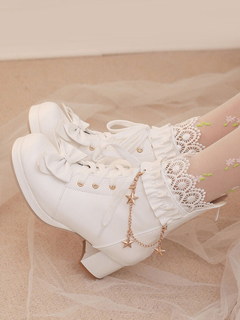 スイートロリータブーツ PUレザー リボン ラウンドトゥ ピンク ロリータ フットウェア