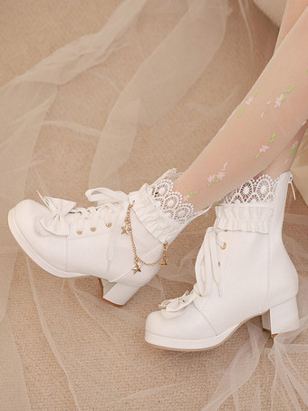 スイートロリータブーツ PUレザー リボン ラウンドトゥ ピンク ロリータ フットウェア