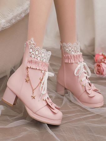 スイートロリータブーツ PUレザー リボン ラウンドトゥ ピンク ロリータ フットウェア