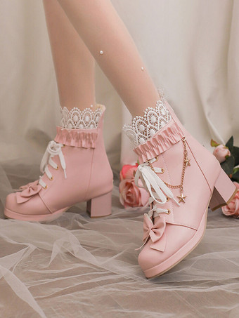 スイートロリータブーツ PUレザー リボン ラウンドトゥ ピンク ロリータ フットウェア