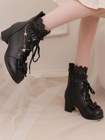 スイートロリータブーツ PUレザー リボン ラウンドトゥ ピンク ロリータ フットウェア