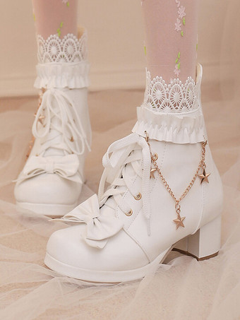 ホワイト スイートロリータブーツ PUレザー リボン ラウンドトゥ ピンク ロリータ フットウェア