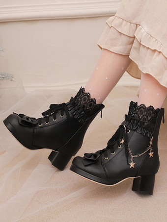 ブラック スイートロリータブーツ PUレザー リボン ラウンドトゥ ピンク ロリータ フットウェア