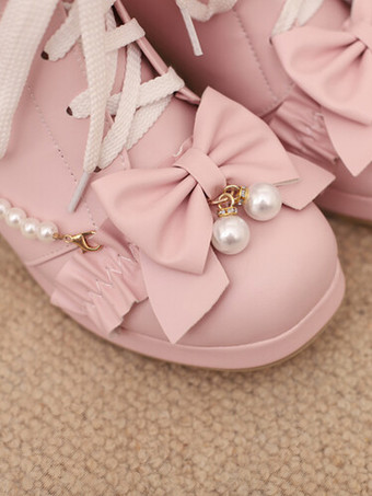 スイートロリータブーツ ブラックリボン ラウンドトゥ PUレザー ロリータフットウェア