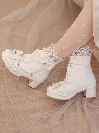 スイートロリータブーツ ブラックリボン ラウンドトゥ PUレザー ロリータフットウェア