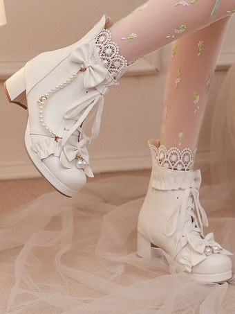 スイートロリータブーツ ブラックリボン ラウンドトゥ PUレザー ロリータフットウェア