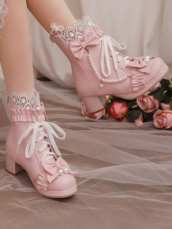 スイートロリータブーツ ブラックリボン ラウンドトゥ PUレザー ロリータフットウェア