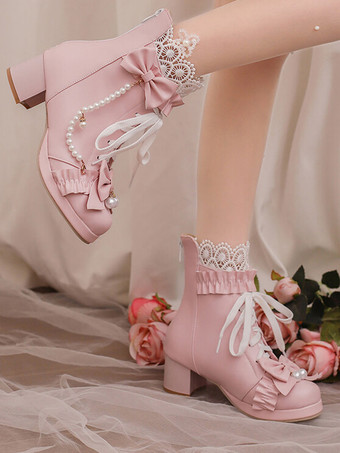 スイートロリータブーツ ブラックリボン ラウンドトゥ PUレザー ロリータフットウェア