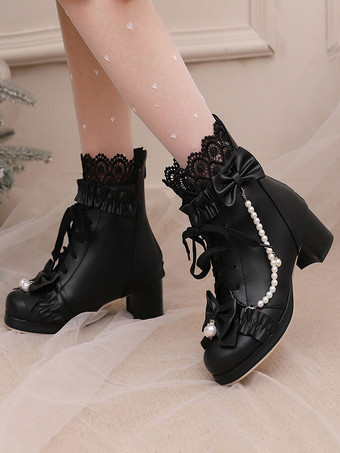 スイートロリータブーツ ブラックリボン ラウンドトゥ PUレザー ロリータフットウェア