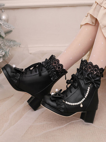 スイートロリータブーツ ブラックリボン ラウンドトゥ PUレザー ロリータフットウェア
