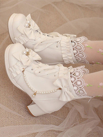 ホワイト スイートロリータブーツ ブラックリボン ラウンドトゥ PUレザー ロリータフットウェア