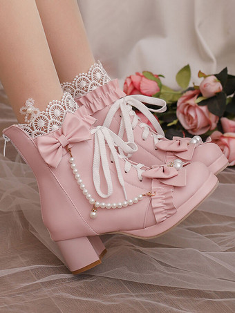 ピンクスイートロリータブーツ ブラックリボン ラウンドトゥ PUレザー ロリータフットウェア