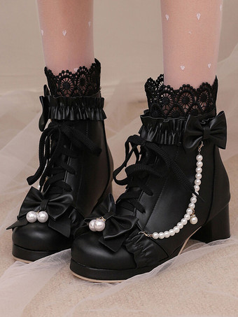 Bottes Lolita Sweet Bows noires Bout rond Chaussures Lolita en cuir PU