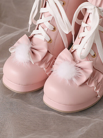 スイートロリータブーツ PUレザー リボン ラウンドトゥ ホワイトロリータフットウェア