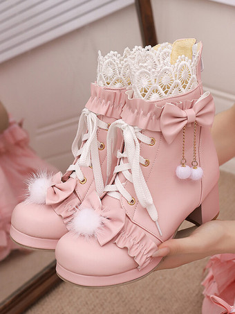 スイートロリータブーツ PUレザー リボン ラウンドトゥ ホワイトロリータフットウェア