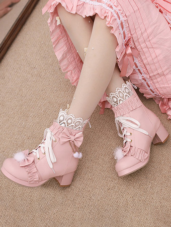 スイートロリータブーツ PUレザー リボン ラウンドトゥ ホワイトロリータフットウェア