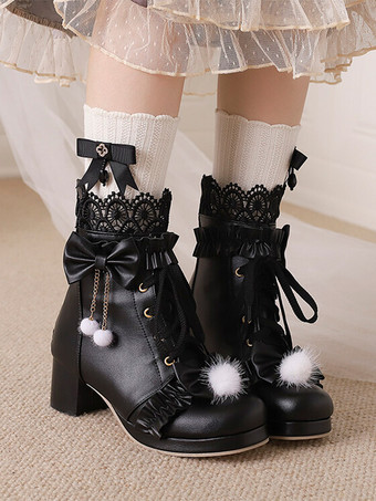 スイートロリータブーツ PUレザー リボン ラウンドトゥ ホワイトロリータフットウェア