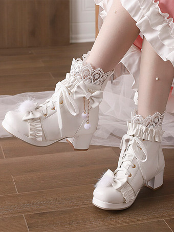 スイートロリータブーツ PUレザー リボン ラウンドトゥ ホワイトロリータフットウェア