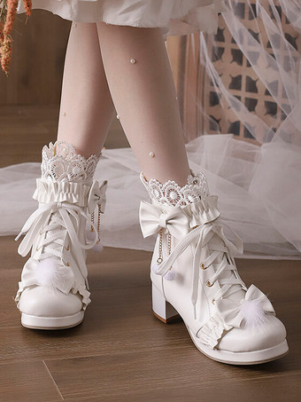 スイートロリータブーツ PUレザー リボン ラウンドトゥ ホワイトロリータフットウェア