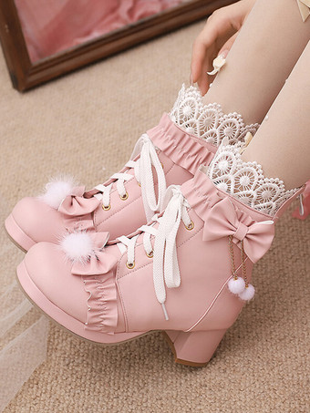 ピンクスイートロリータブーツ PUレザー リボン ラウンドトゥ ホワイトロリータフットウェア