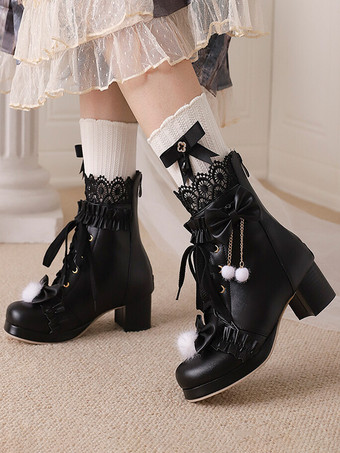 ブラック スイートロリータブーツ PUレザー リボン ラウンドトゥ ホワイトロリータフットウェア