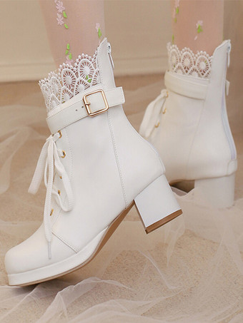 スイートロリータブーツ ピンク ラウンドトゥ PUレザー ロリータ フットウェア