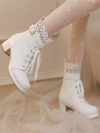 スイートロリータブーツ ピンク ラウンドトゥ PUレザー ロリータ フットウェア