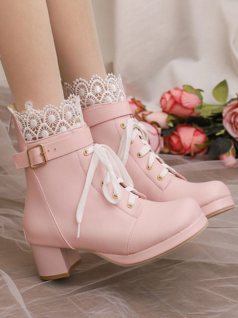スイートロリータブーツ ピンク ラウンドトゥ PUレザー ロリータ フットウェア