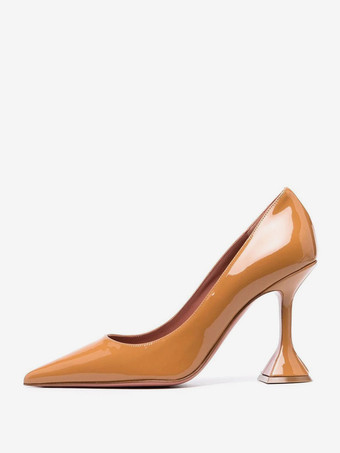 ブラウンレディース ハイヒール ポインテッドトゥ パンプス ゴブレットヒール パテントPUアッパー