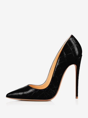 ブラック レディース ハイヒール レッド ポインテッドトゥ ストーン柄 スリッポン パンプス